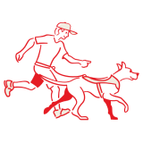 Tegning av en person som løper med en hund på en sele