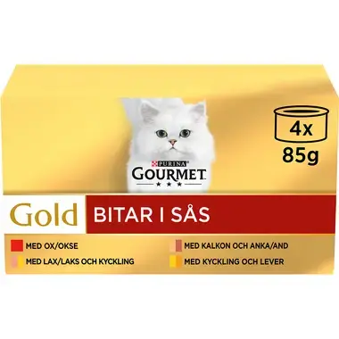 GOURMET® Gold Biter i saus med Okse, Kalkun & And, Laks & Kylling och Kylling & Lever
